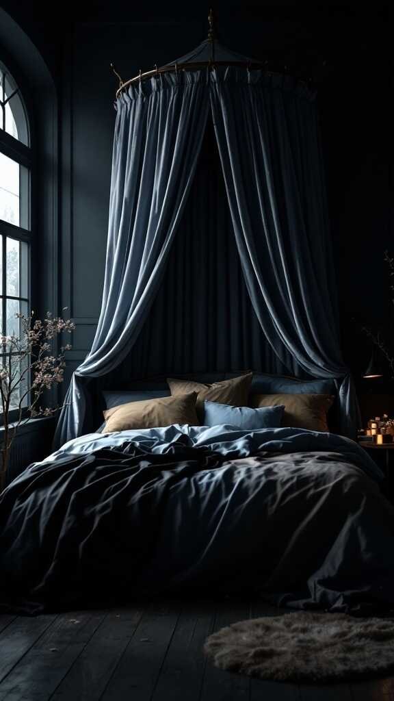 A beautifully styled dark canopy bed with flowing drapes and cozy pillows in a moody setting.