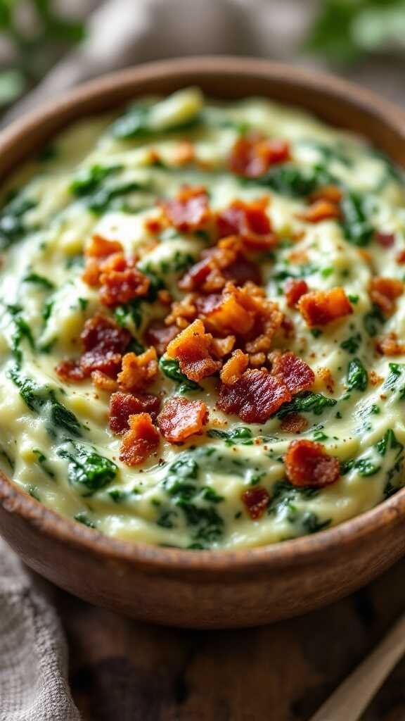 Creamed spinach topped with crispy bacon bits in a wooden bowl.