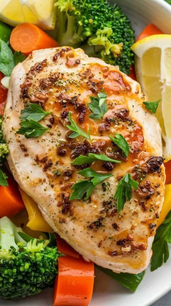 Grilled chicken breast topped with herbs, served on a bed of broccoli, carrots, and bell peppers, garnished with parsley and lemon wedges.