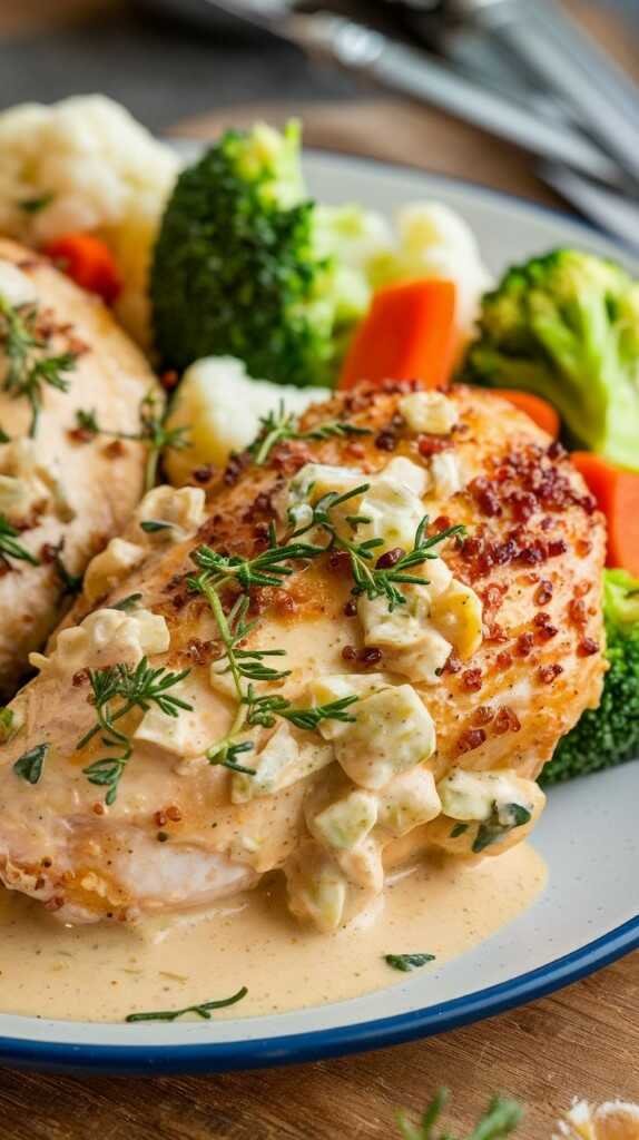 Grilled chicken topped with creamy sauce and herbs, served with vibrant broccoli, carrots, and cauliflower on a white plate, conveying a hearty, flavorful meal.