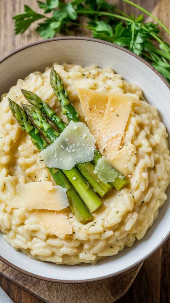 Creamy risotto garnished with asparagus spears and shaved Parmesan in a white bowl on a wooden surface. Fresh parsley leaves are seen in the background.