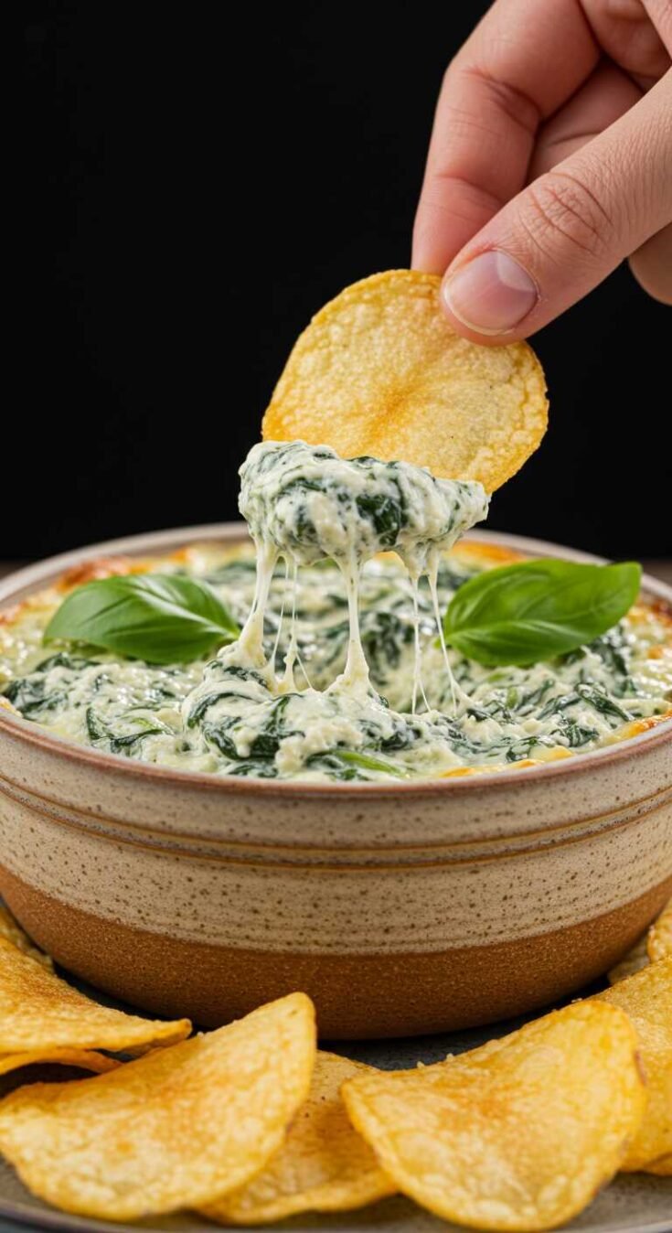 A hand dips a chip into a creamy spinach and cheese dip in a brown bowl, with fresh basil on top. Surrounding chips add a casual, appetizing feel.