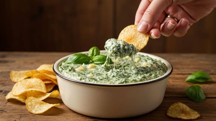 A hand dips a chip into creamy spinach dip in a white bowl, garnished with basil leaves. Chips are scattered on a rustic wooden table, creating a cozy vibe.