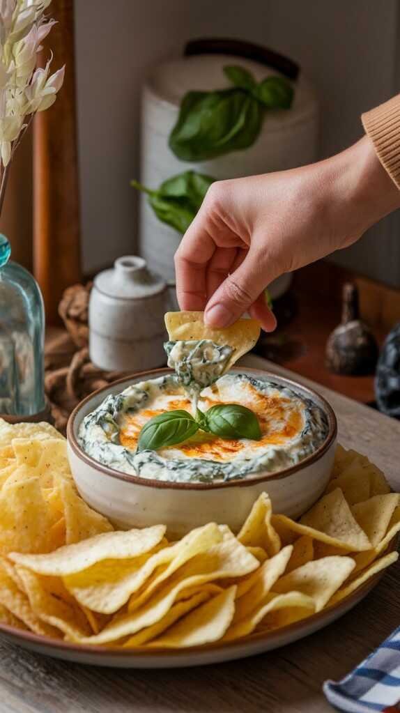 A hand dips a tortilla chip into a creamy spinach dip topped with basil in a bowl, surrounded by more chips. The setting is cozy and inviting.