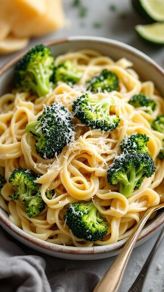 Creamy Alfredo pasta with broccoli in a bowl