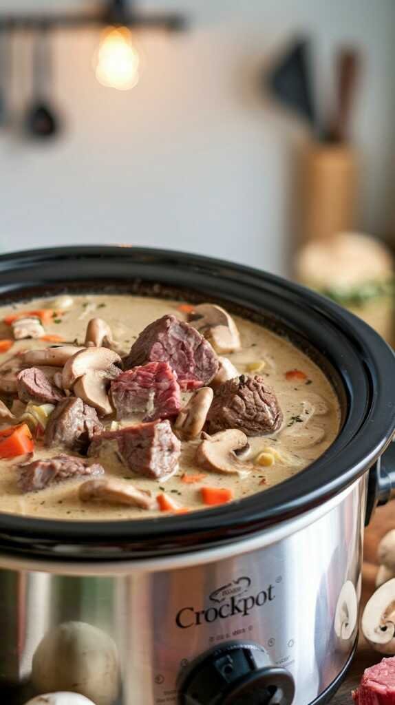 A delicious creamy beef and mushroom soup in a slow cooker.