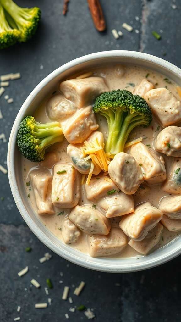 Creamy chicken and broccoli dish with cheese and broccoli florets