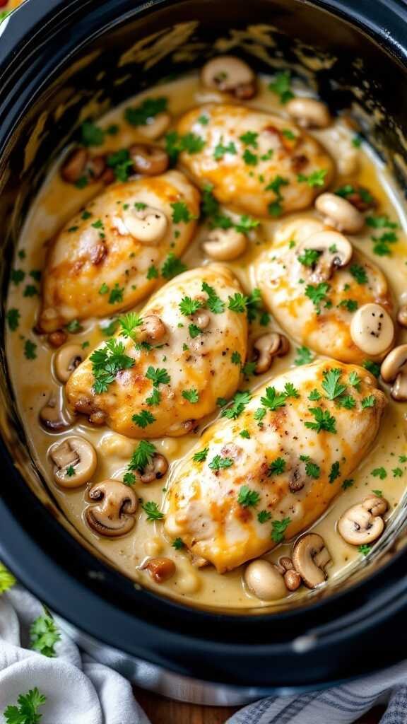 A delicious serving of creamy chicken marsala in a crockpot