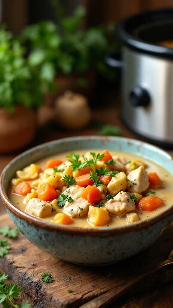 Bowl of creamy chicken stew with vegetables and herbs