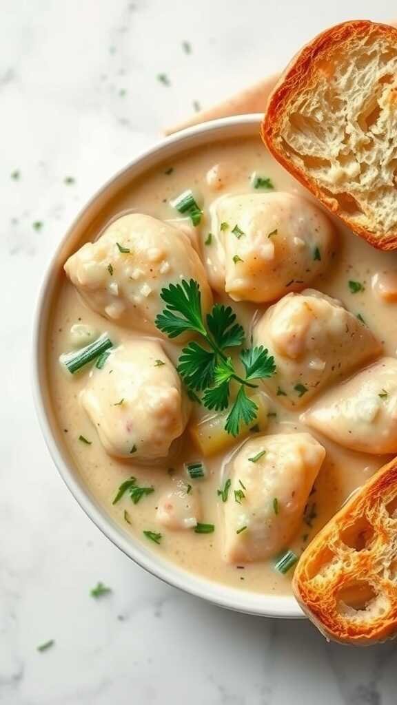 Creamy garlic parmesan chicken in a bowl with herbs and bread on the side.