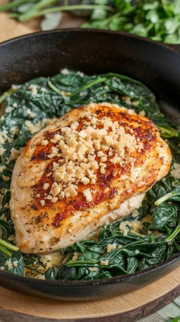 Creamy Garlic Tuscan Chicken with spinach in a skillet