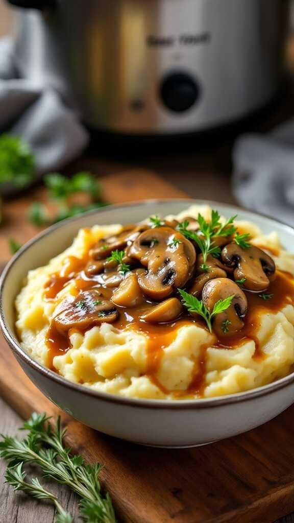 Creamy mashed potatoes topped with mushroom gravy and garnished with parsley.