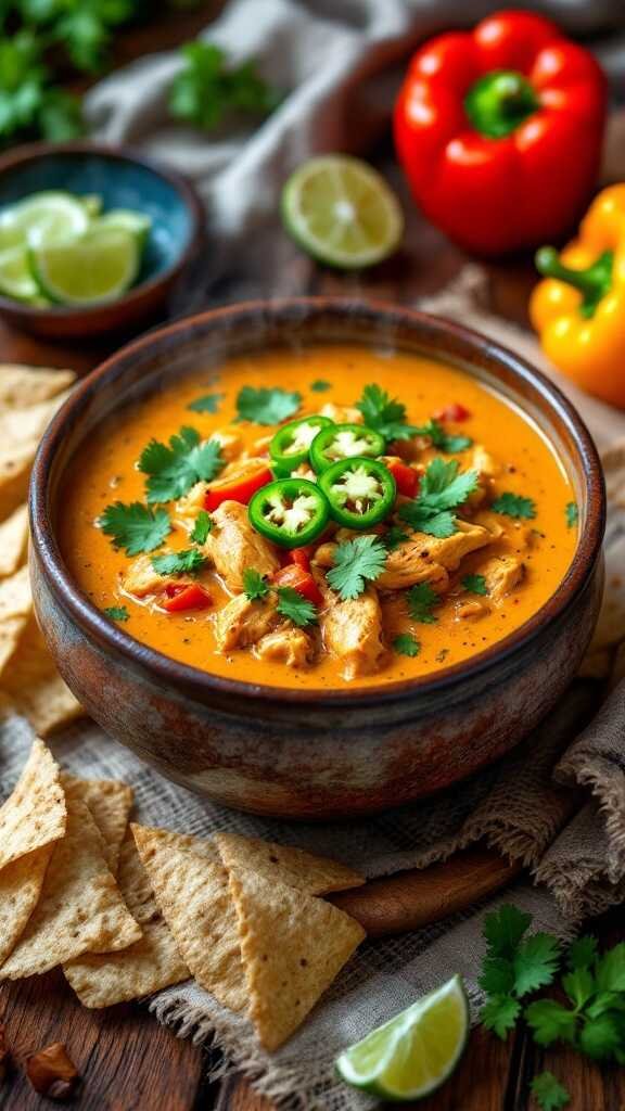 A bowl of creamy Mexican chicken fajita soup topped with cilantro and sliced jalapeños