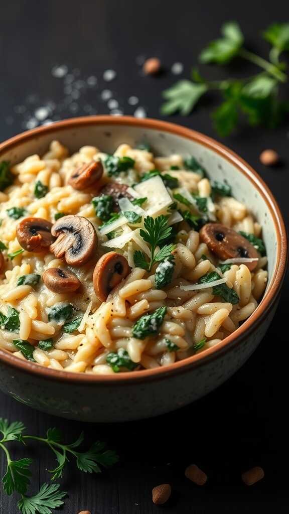 Creamy mushroom and spinach risotto served in a bowl with mushrooms and spinach visible.