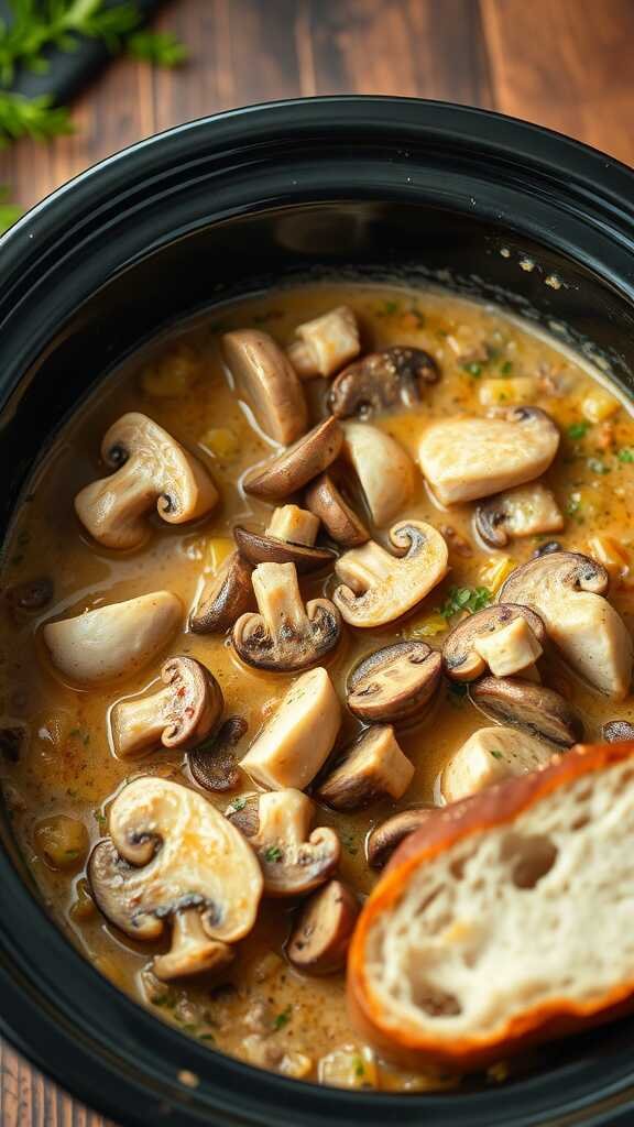 Creamy mushroom chicken stew in a slow cooker