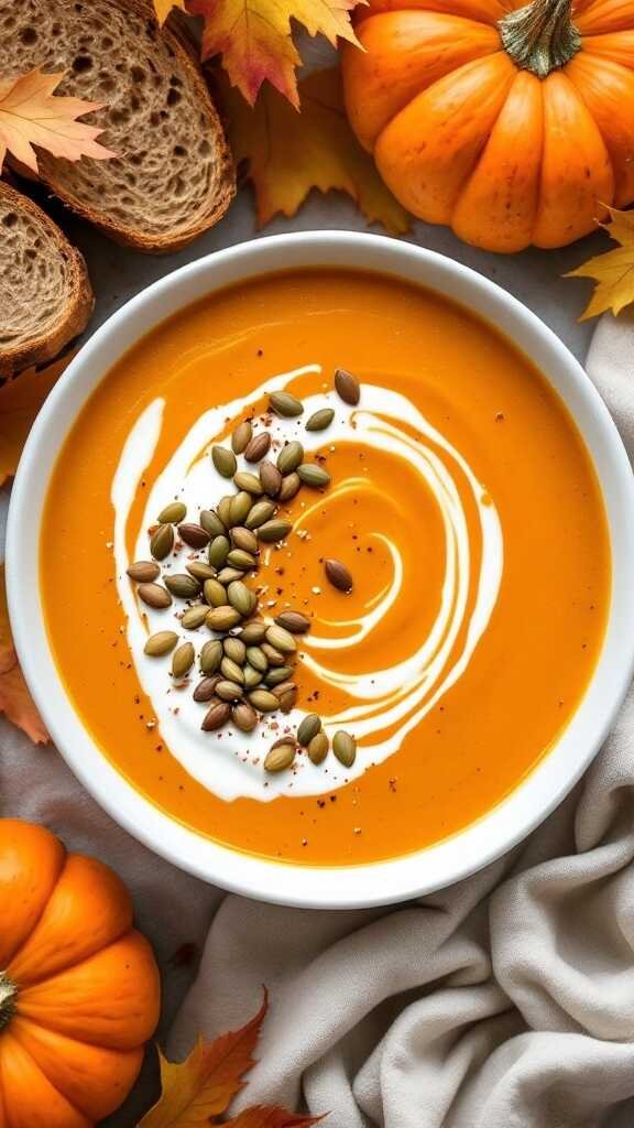 Creamy pumpkin soup garnished with seeds