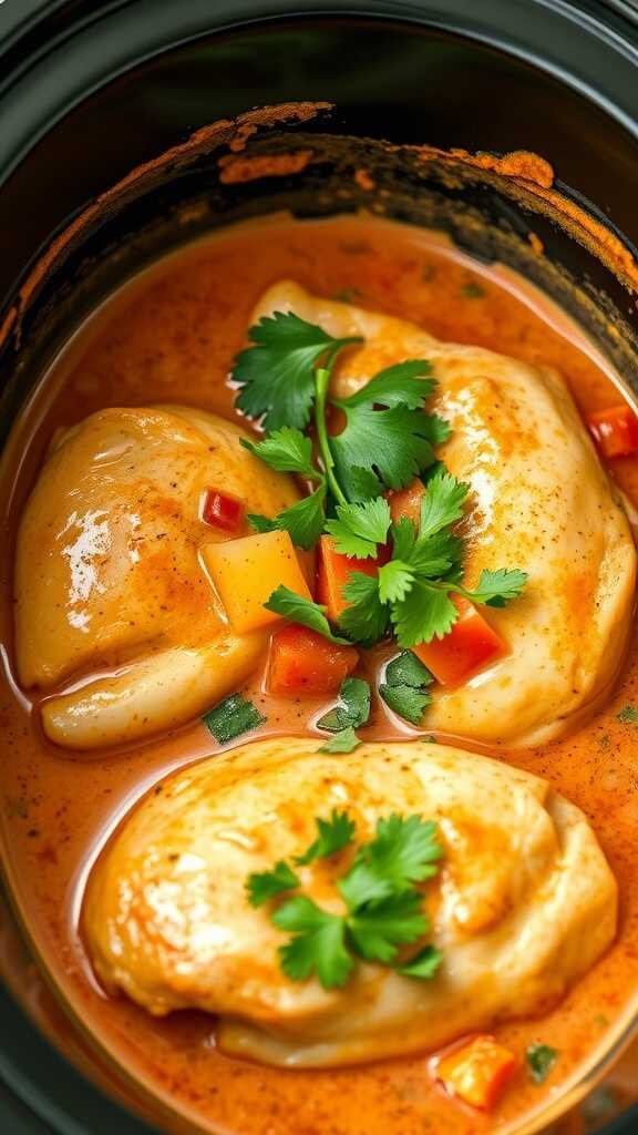 Creamy Salsa Chicken in a crockpot with cilantro and bell peppers