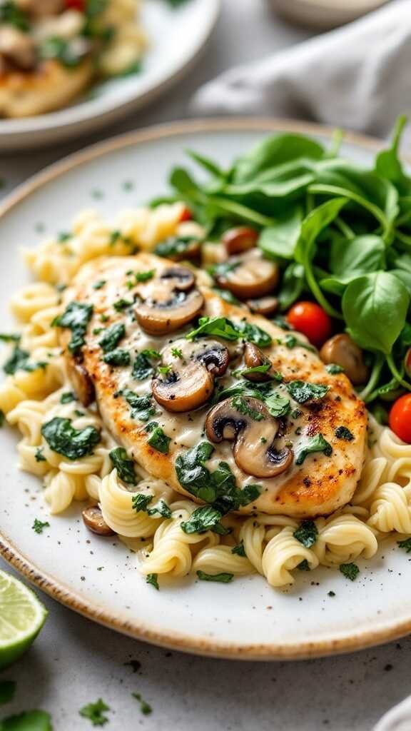 Creamy Spinach and Mushroom Chicken dish with pasta and salad