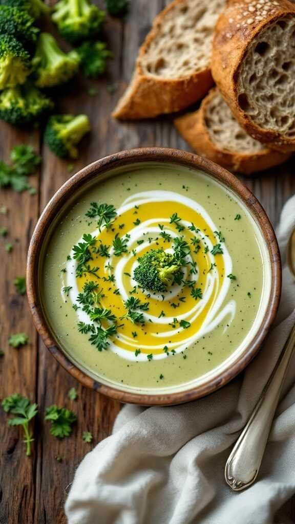 A bowl of creamy vegan broccoli soup garnished with herbs and a swirl of olive oil, served with bread.