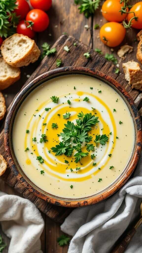 A creamy vegan potato soup garnished with parsley, served in a rustic bowl.