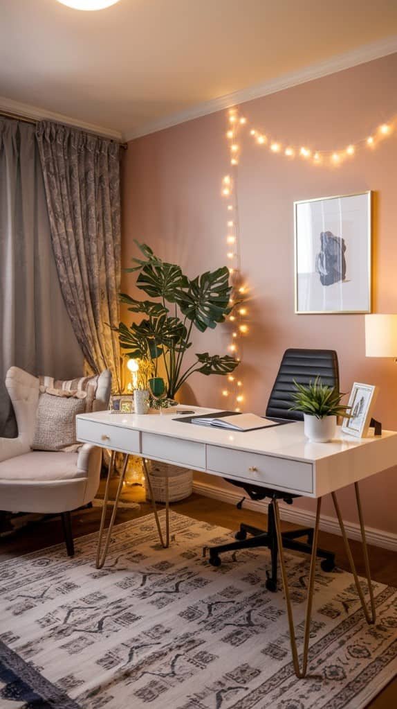 A stylish feminine home office with plants, art, and a cozy chair.