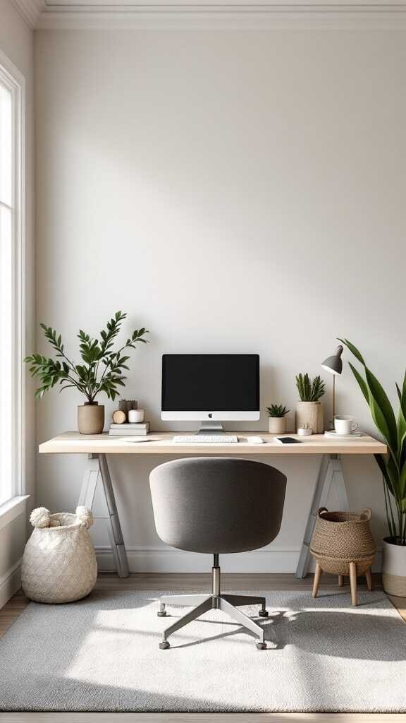 A modern home office with a clean desk, computer, and plants creating a calm atmosphere.