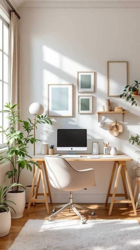 A feminine home office featuring soft colors, plants, and a clean workspace.