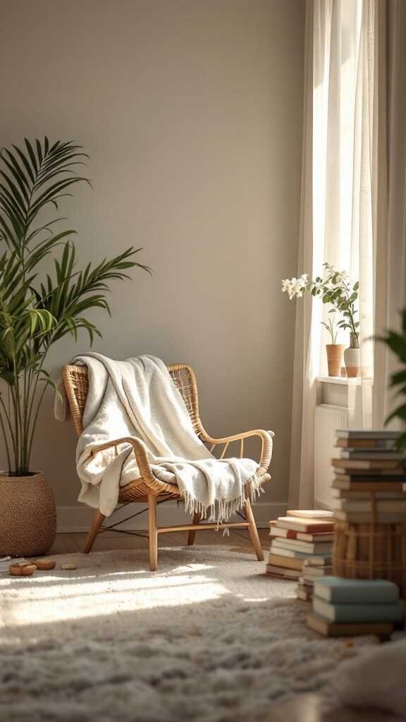 A cozy reading nook in a home office with a comfy chair, blanket, and books.