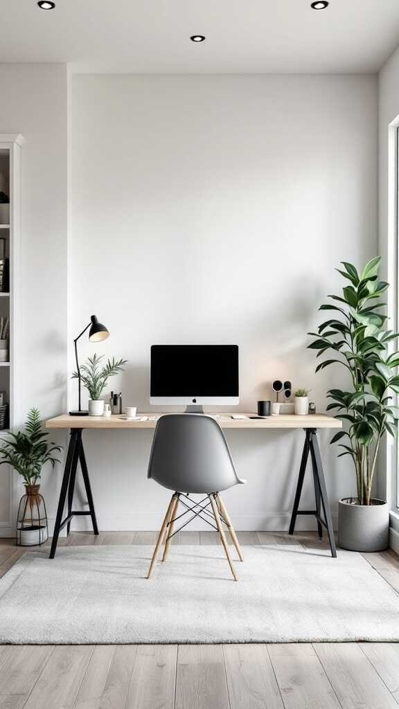 A modern home office setup with a desk, computer, and plants.