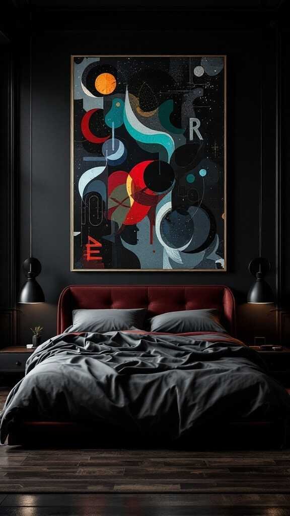 A cozy dark bedroom featuring a bold piece of abstract art above a red upholstered bed.