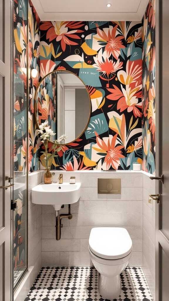 A modern small bathroom featuring bold floral wallpaper, a round mirror, and minimalist fixtures.