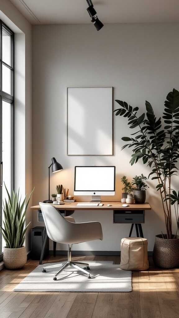 A stylish feminine home office with plants, a computer, and a comfortable chair.