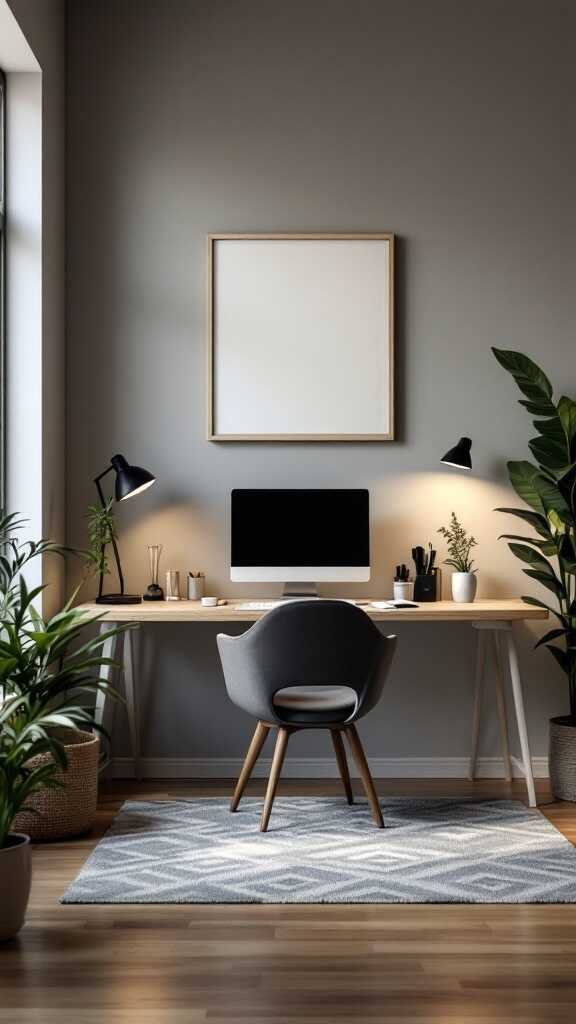 A modern home office setup with a desk, computer, and plants, creating a serene work environment.