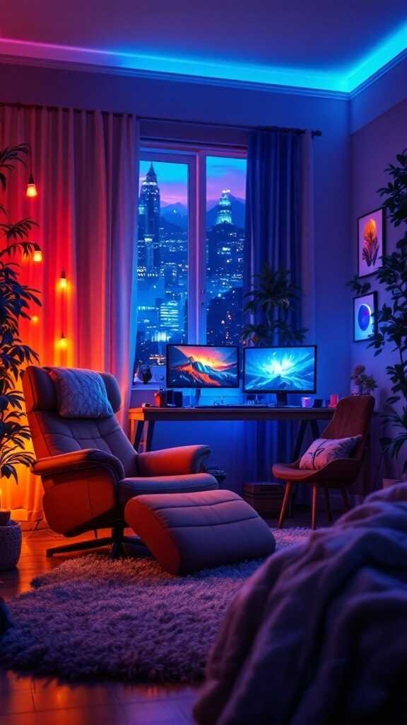 A cozy gaming bedroom featuring a comfortable chair, soft rug, and two monitors, with a view of a city skyline at sunset.