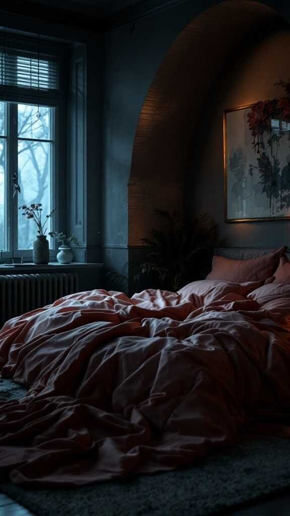 A cozy bed with soft pink linens in a dark, moody bedroom