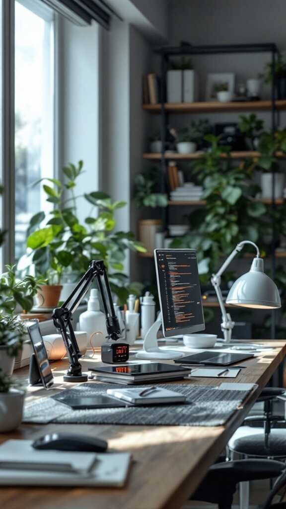 A modern home office setup featuring a desk with plants, computer, and various office supplies.