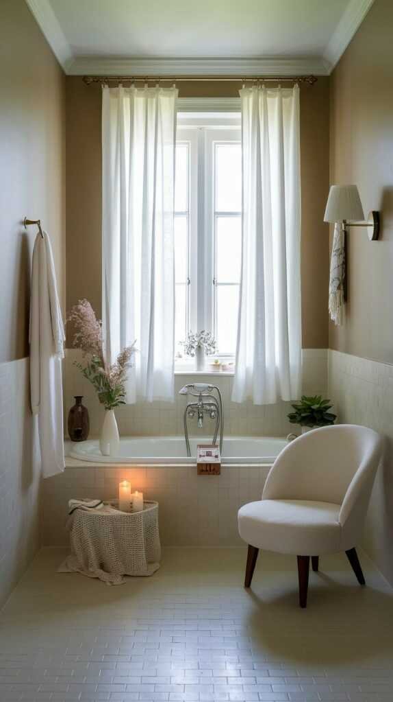 Modern small bathroom with a calming and serene atmosphere featuring plants, soft towels, and warm lighting.