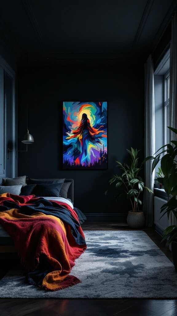 A cozy bedroom with dark walls, colorful artwork, and a warm blanket