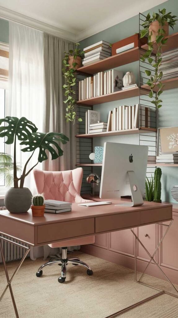 A cozy feminine home office with a desk, computer, and decorative plants.