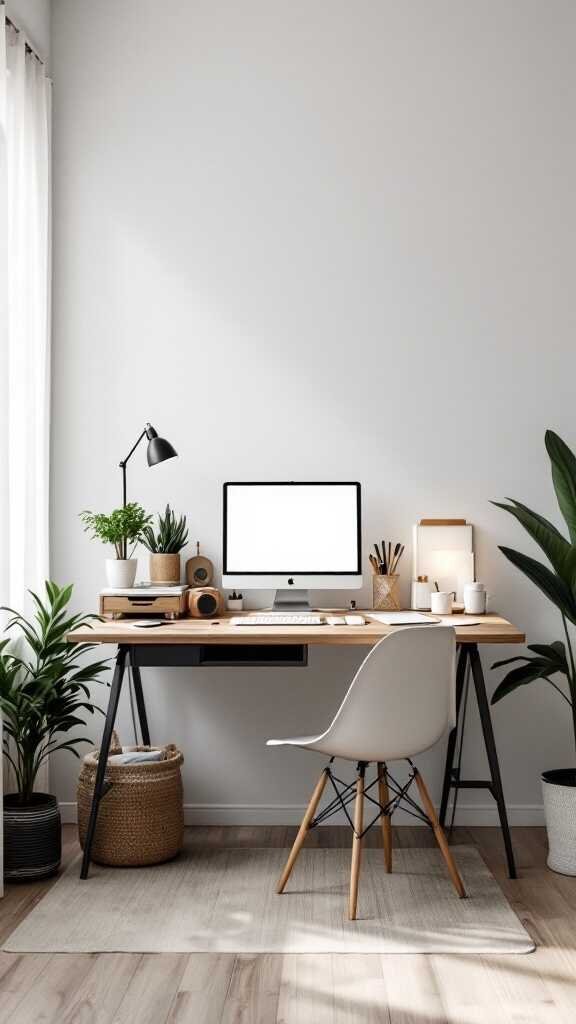 A well-organized feminine home office featuring plants, a computer, and a stylish desk.