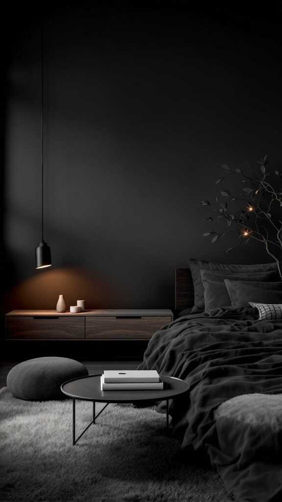 A dark bedroom featuring layered bedding, soft textures, and warm lighting