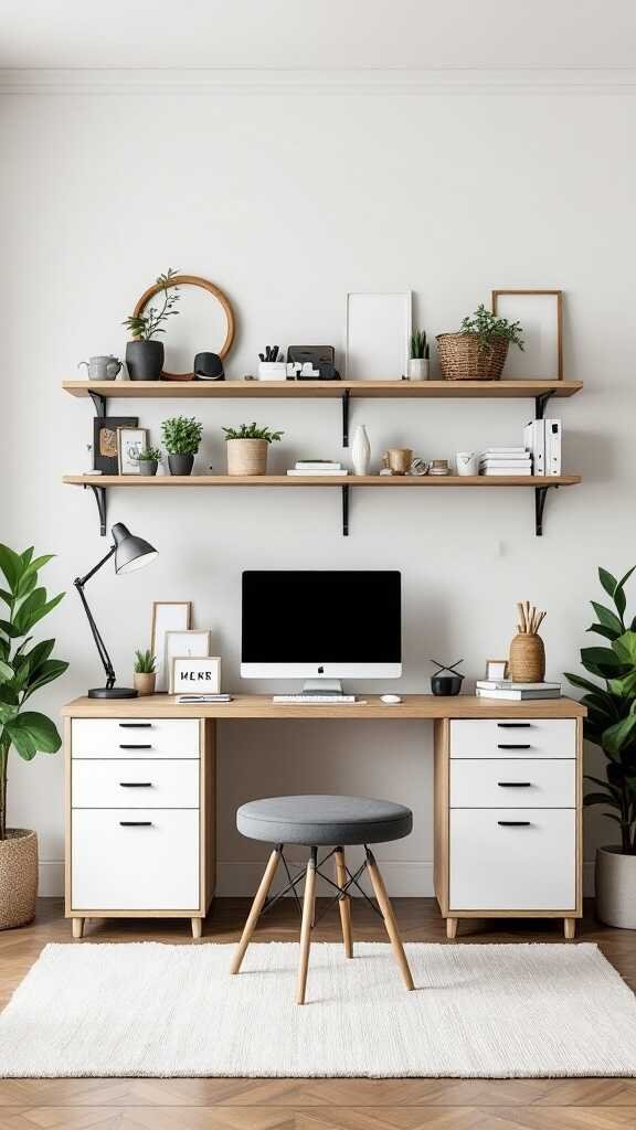 A modern home office featuring a wooden desk, computer, and open shelving with plants and decor.