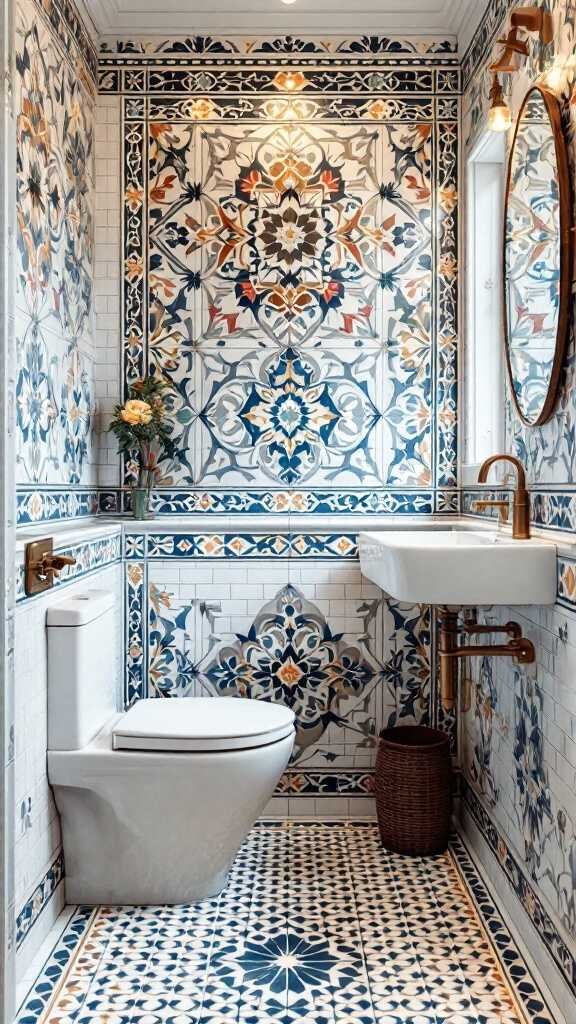 A modern small bathroom featuring intricate tile patterns on the wall and floor, with a white toilet and sink.