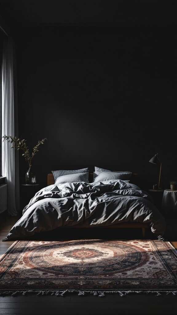 A dark bedroom featuring a cozy bed with a decorative rug underneath, showcasing a moody and aesthetic design.