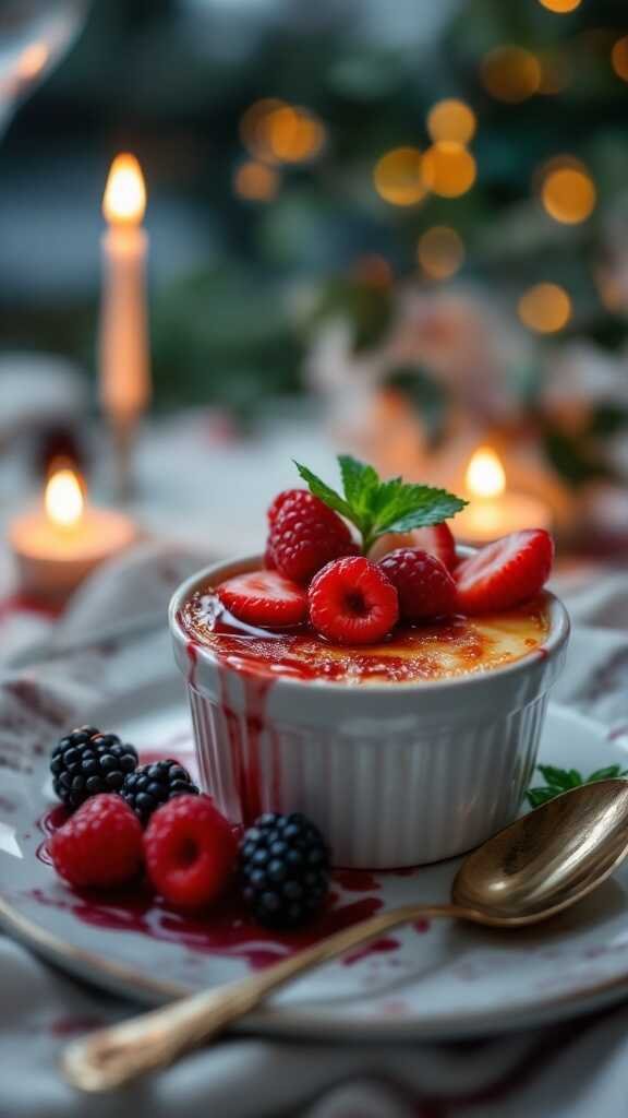 A delicious crème brûlée topped with fresh raspberries and blackberries, served in a white ramekin.