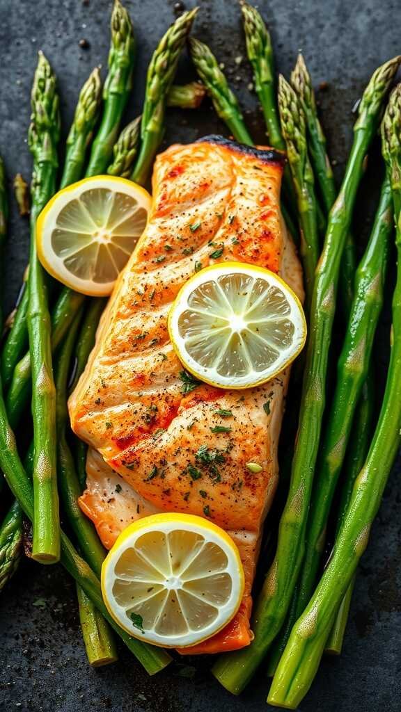 Crispy baked salmon with asparagus and lemon slices