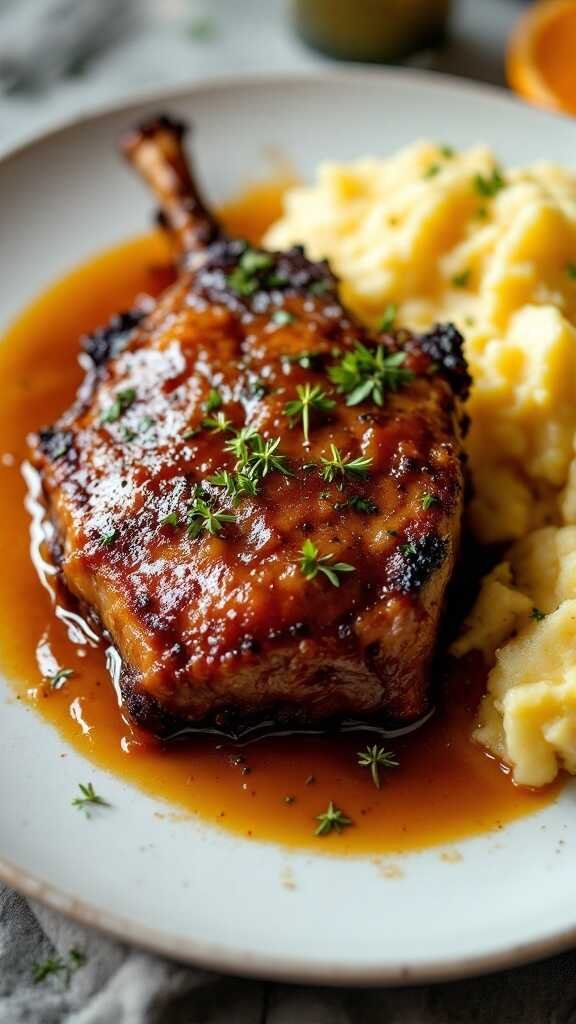 Plate of crispy duck confit served with orange sauce and mashed potatoes