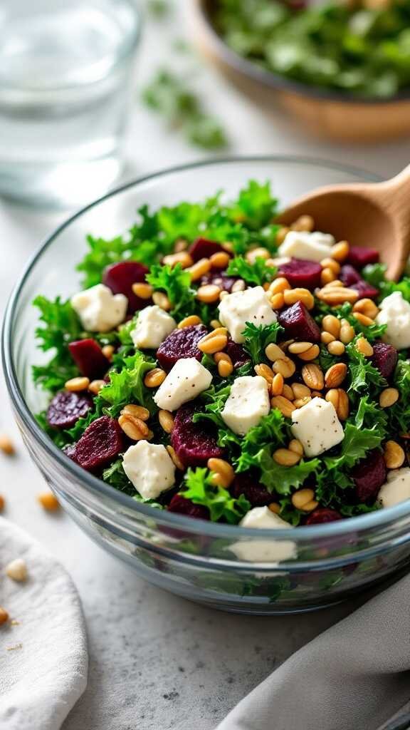 A colorful salad featuring crispy kale, roasted beets, feta cheese, and toasted pine nuts.