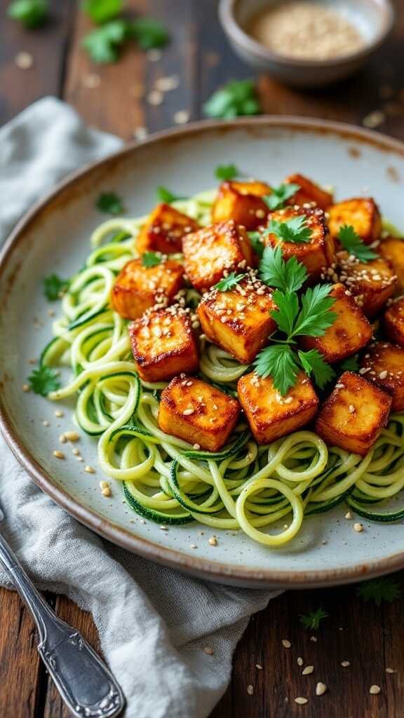 Crispy Sesame Tofu served over Zucchini Noodles with sesame seeds and cilantro garnish