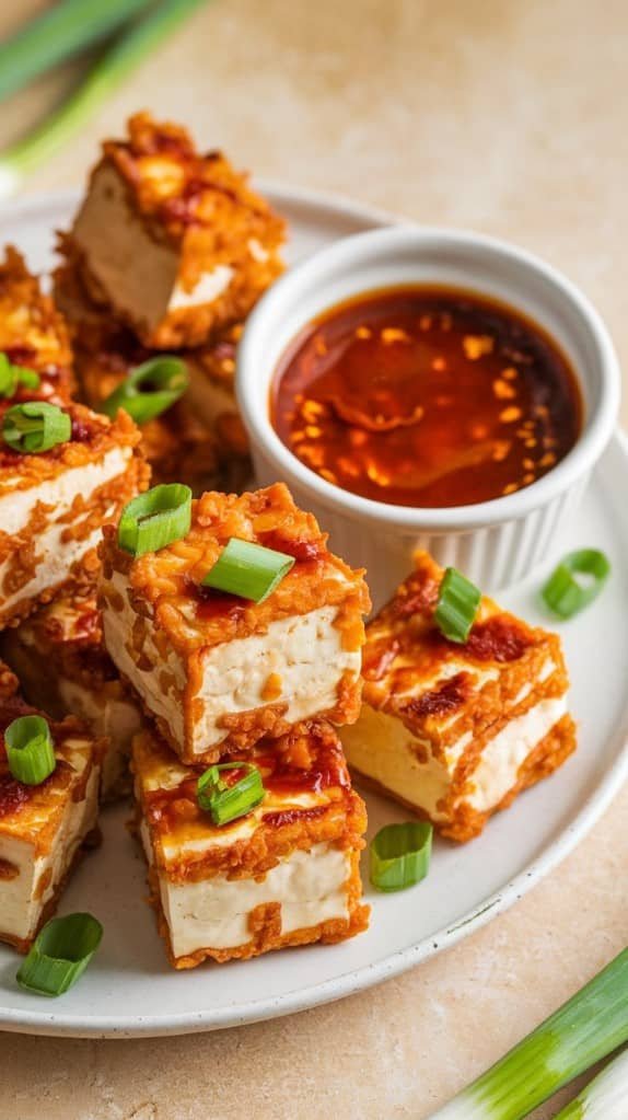 Crispy tofu bites served on a plate with sweet chili sauce.